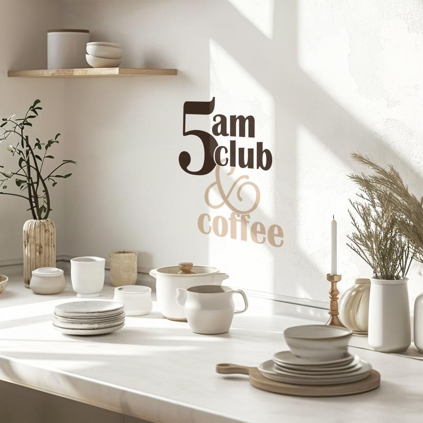 Wallsticker ordsprog - 5 am Club & Coffee brun-beige