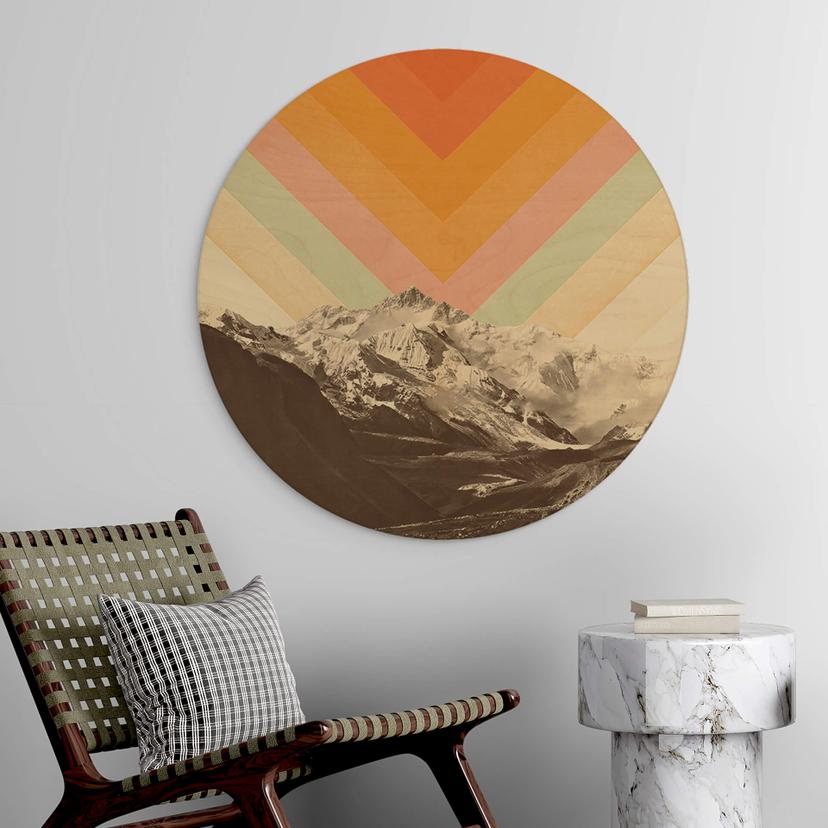 Cuadro de madera naturaleza - Retro paisaje de montaña redondo - Bodart