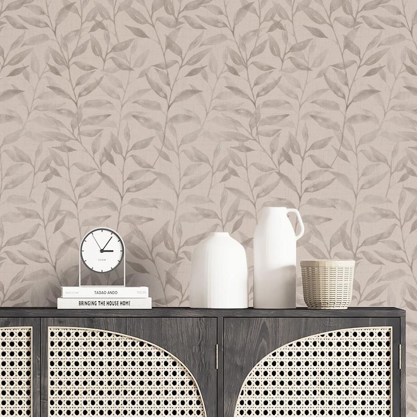 Carta da parati a motivi di foglie acquerellate - Grigio tenue - Bloomery Decor