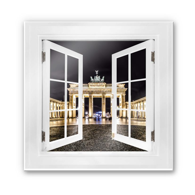 Glasbild 3D Fenster quadratisch - Brandenburger Tor - 50x50 cm