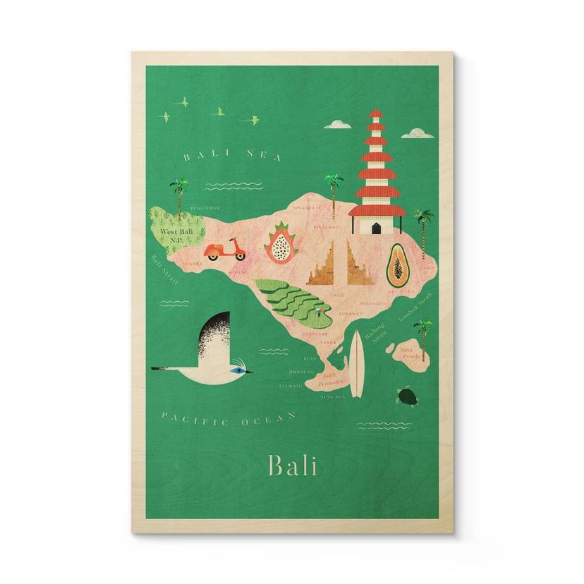 Træplakat Kort over Bali - Rivers