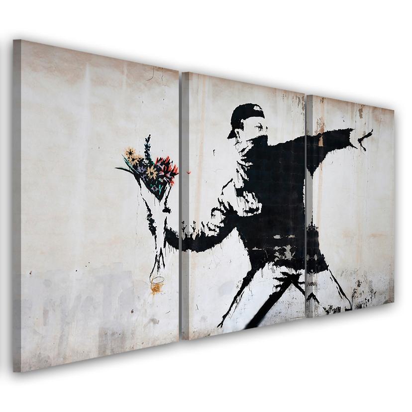 3 stykke lærredstryk, Banksy Graffiti kunstblomster