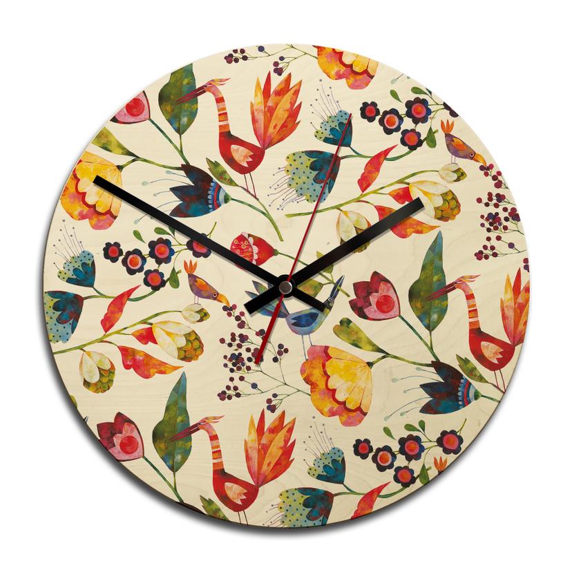 Horloge murale en bois - Blanz - Fleurs et oiseau