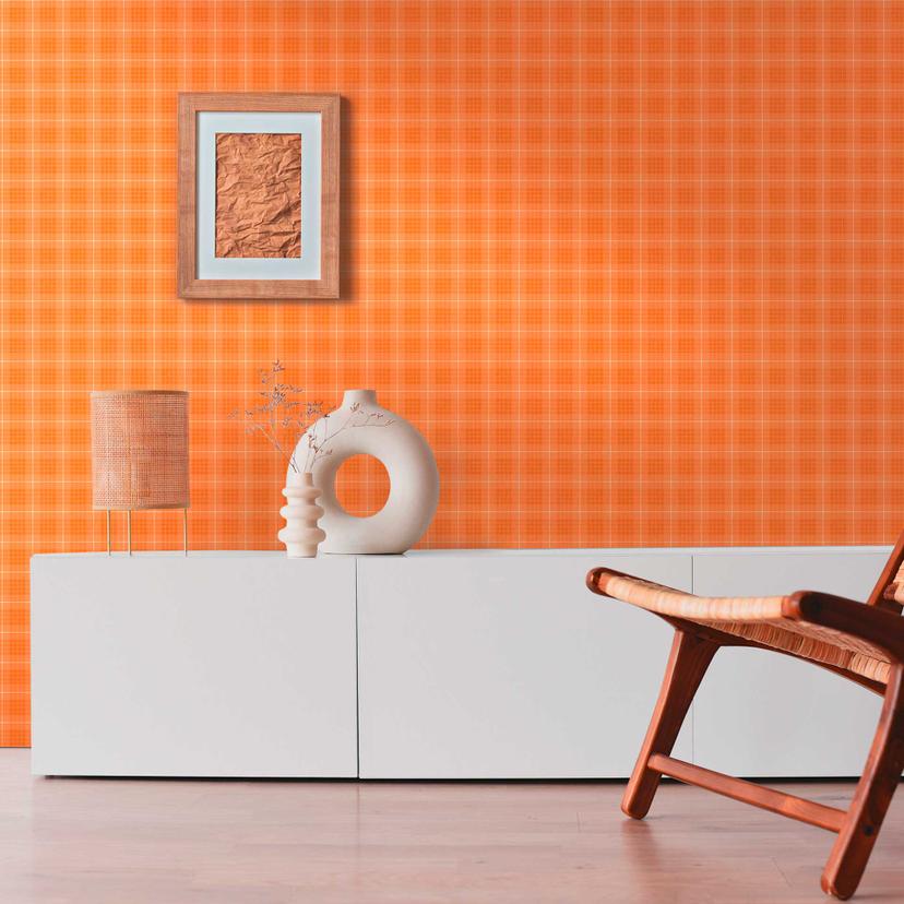 vintage ternet tapet orange hvid - retro ternet mønster tapet - non-woven tapet moderne