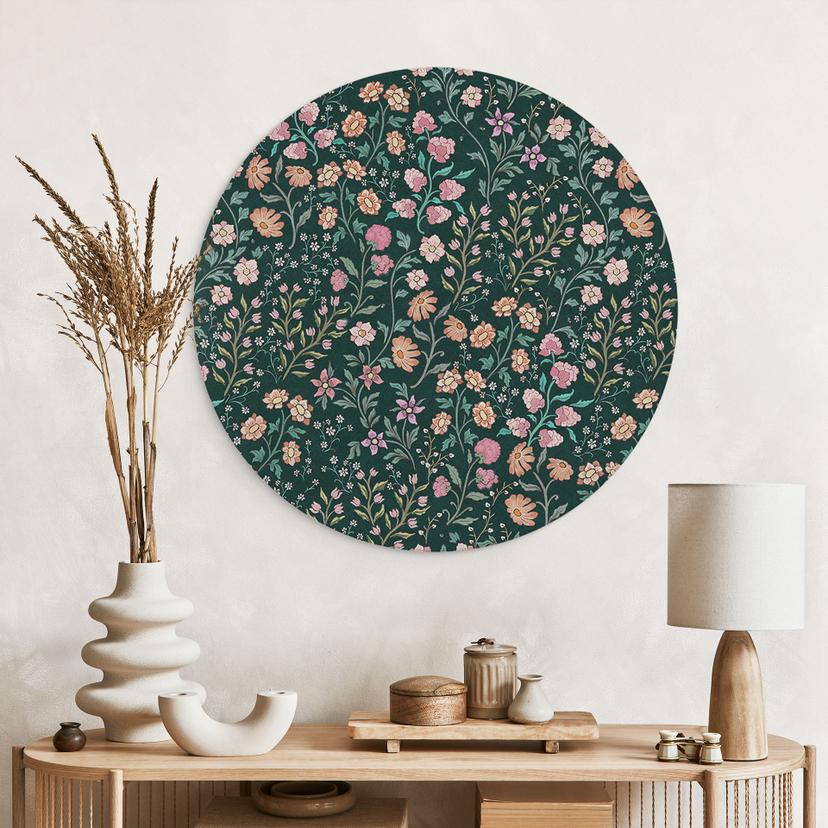 Stampe per pareti con fiori vintage - Verde scuro - Decorazione floreale - Alu-Dibond rotondo