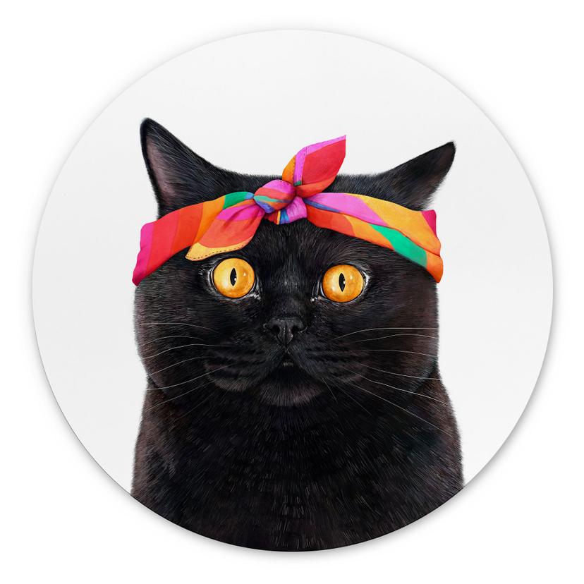 Wandbild Schwarze Katze mit Bandana - Korenkova - Alu-Dibond Rund