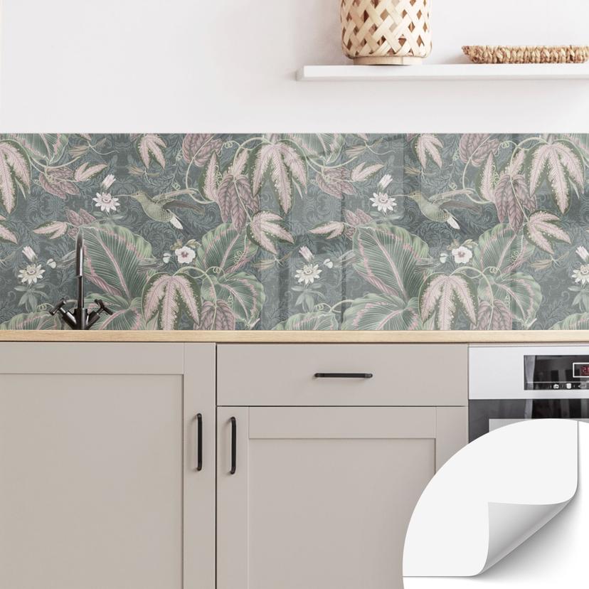 Selvklæbende stænkplade til køkken Kolibri i en tropisk skov - Bloomery Decor