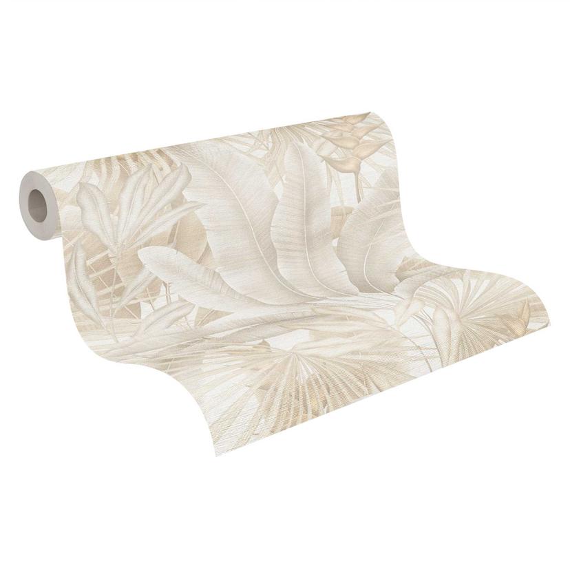 Papel pintado con relieve de hojas en crema y blanco - Papel pintado no tejido de alta calidad para