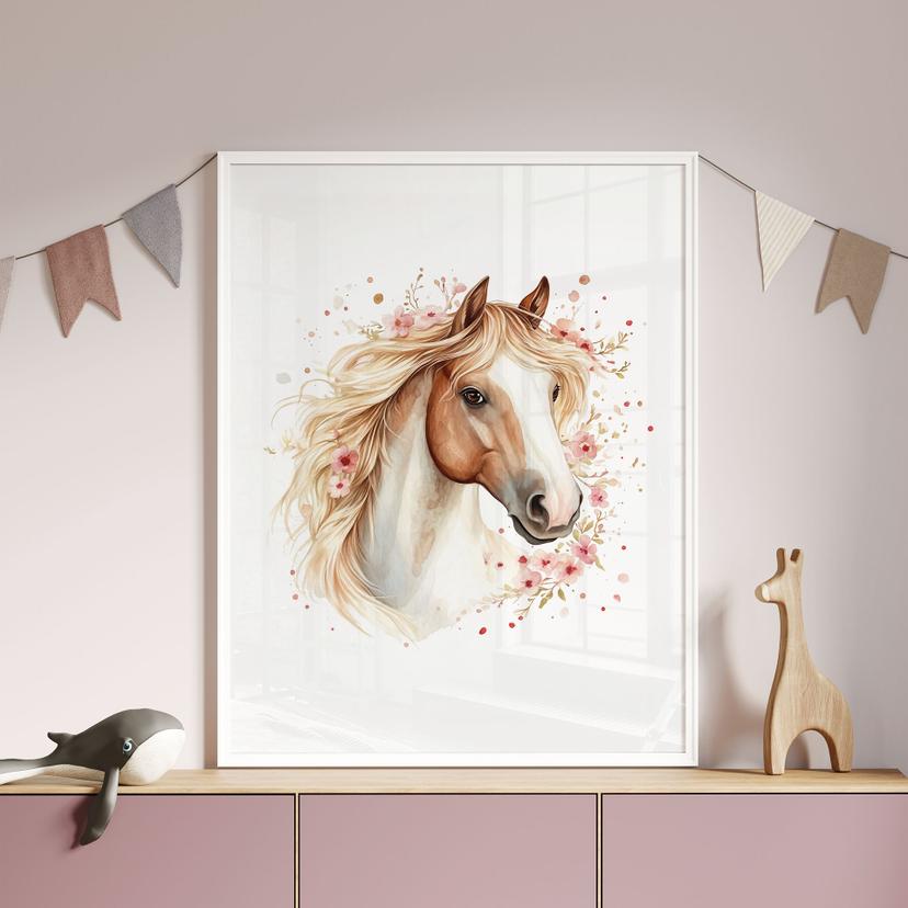Poster cavallo boho con fiori delicati | Motivo cavallo romantico per la camera dei bambini