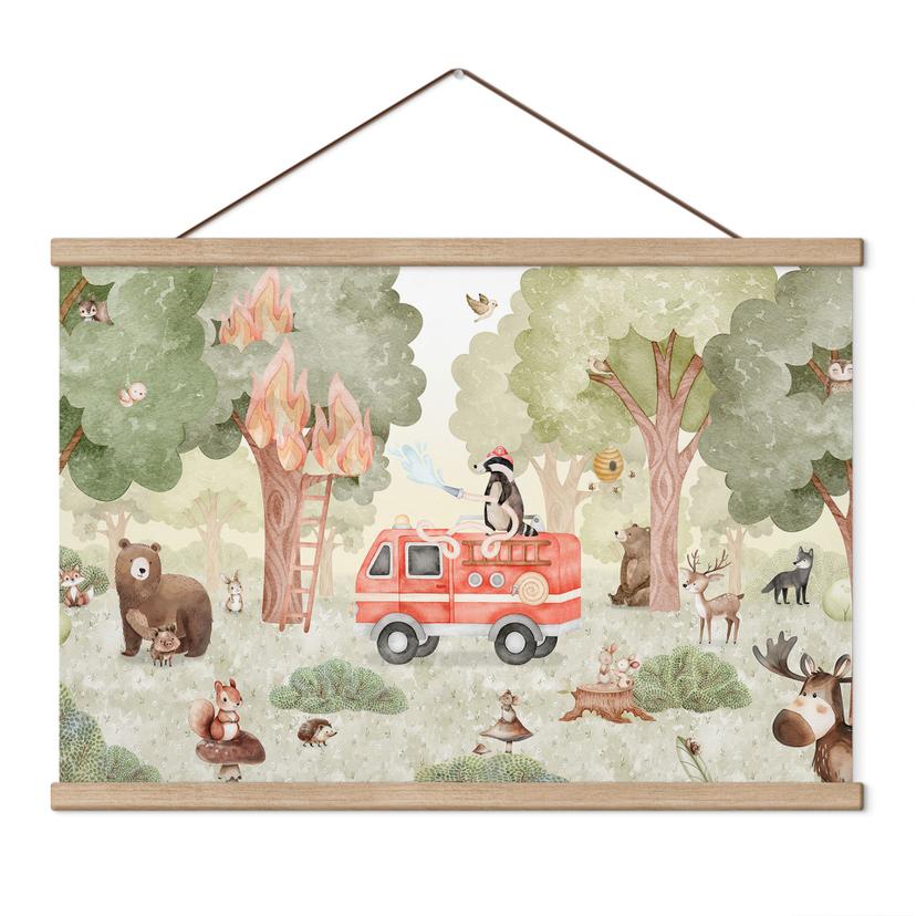 Kinderkamer Textielposter Dierenbrandweer in het bos - Oliver Robins