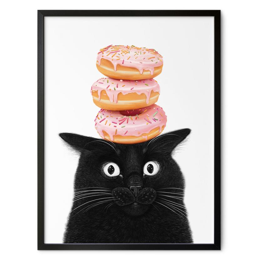 Poster Schwarze Katze mit pinken Donuts - Korenkova