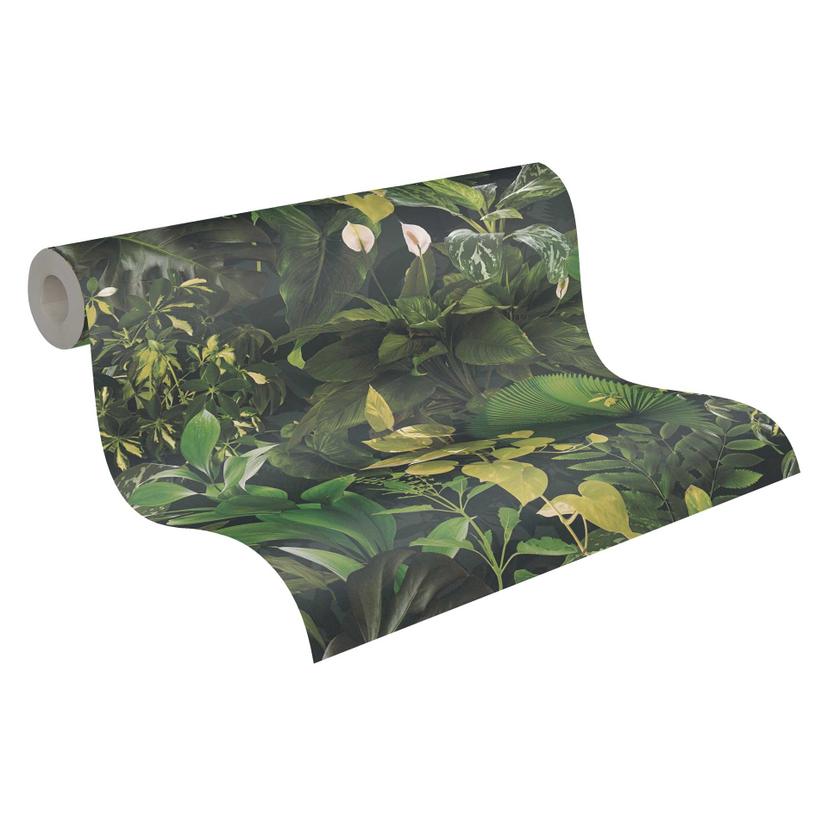 Carta da parati Jungle verde nero - Carta da parati in tessuto non tessuto con foglie tropicali - Ca