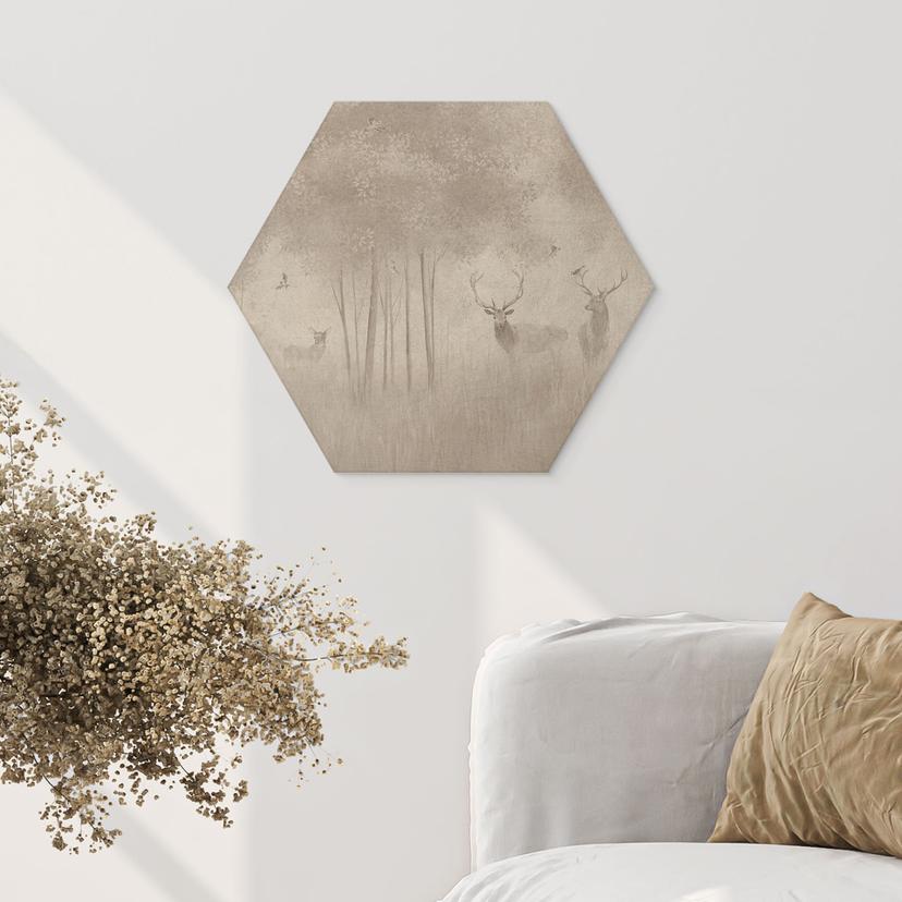Hexagon Holzbild Hirsche im Nebelwald - Ms Tiff