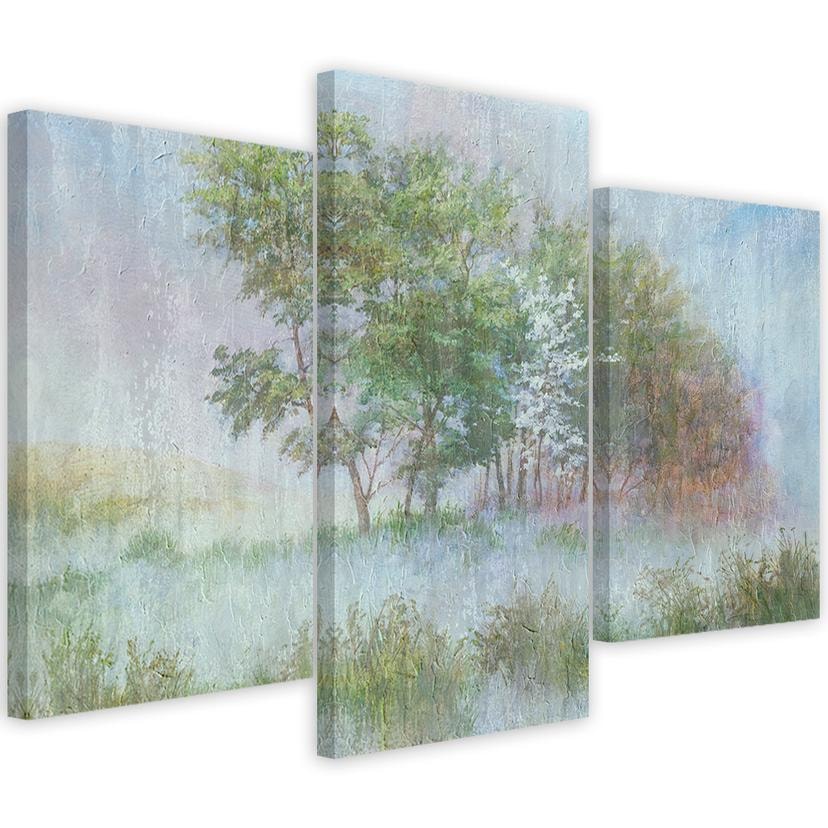 Tableau sur toile 3 volets, arbres sur une prairie brumeuse