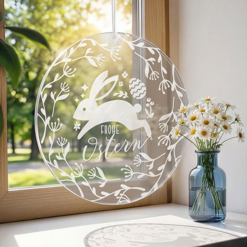 Acrylglasbild, Fensterbild zum Aufhängen Frohe Ostern mit Hase - Rund
