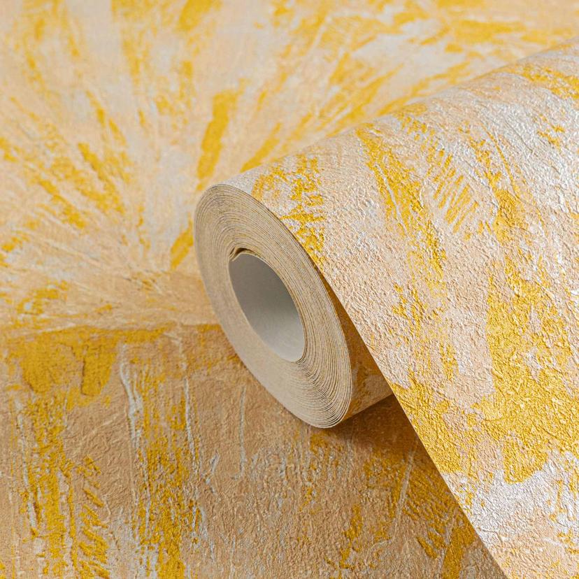 Papel pintado texturado con motivo de abanico amarillo beige - Papel pintado no tejido vibrante bril