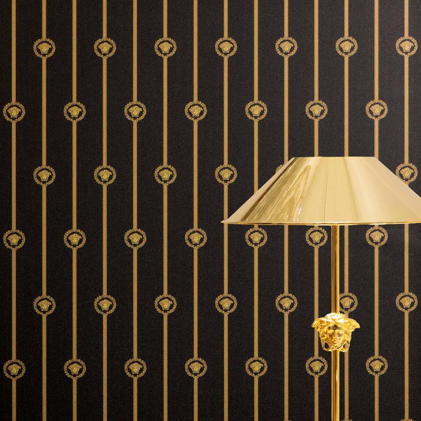 Versace ikke-vævet tapet I Love Baroque striber Medusa sort guld luksuriøst