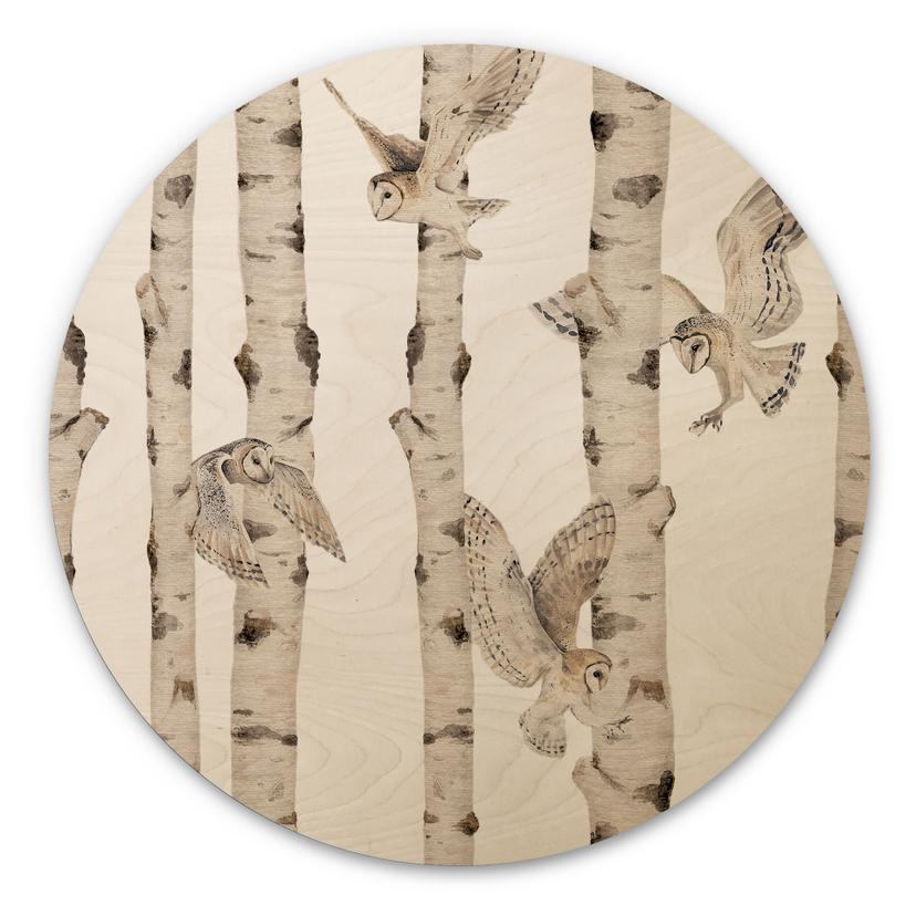 Cuadro de madera Belle búhos en el bosque de abedules - Kikki Belle - Redondo