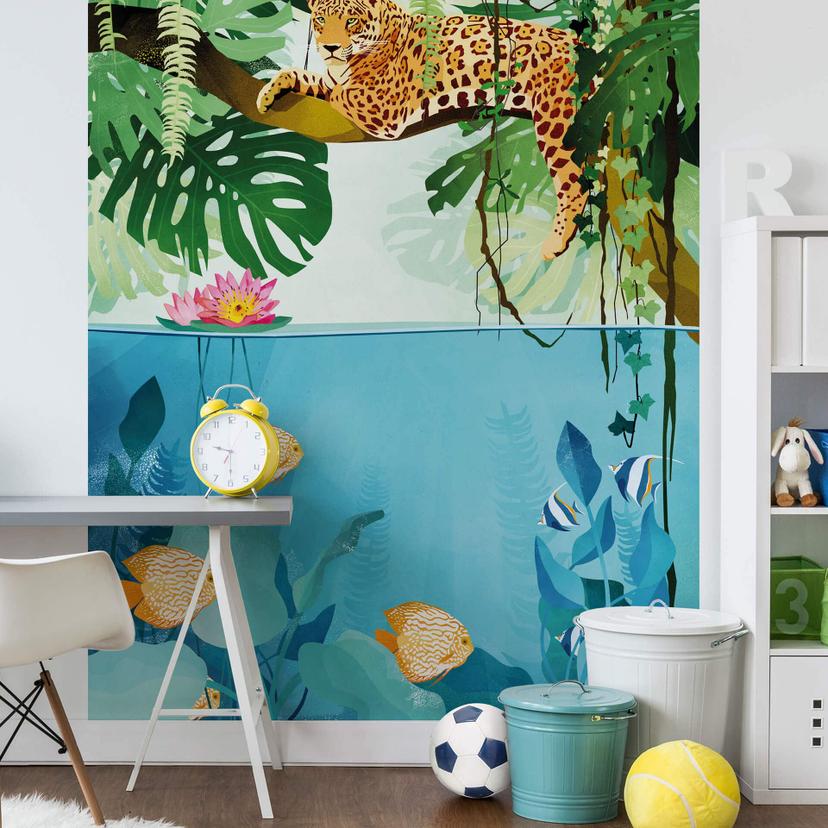 Fototapet - Goed Blauw - Tiger i junglen