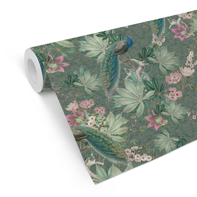 Tapet med mønster af påfugle i tropisk have på mosaik - Bloomery Decor