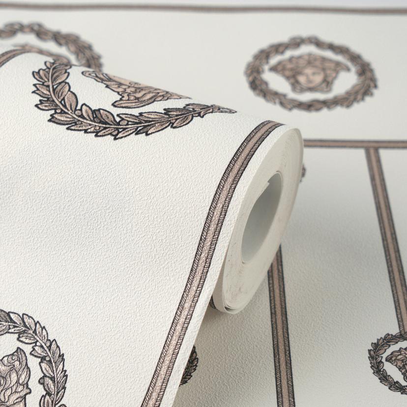 Versace Vliesbehang basisrand medusa hoofd wit beige metallic