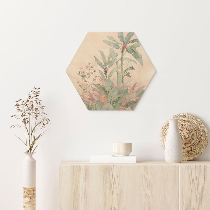 Quadro esagonale in legno idillio tropicale con colibrì albicocca - Bloomery Decor