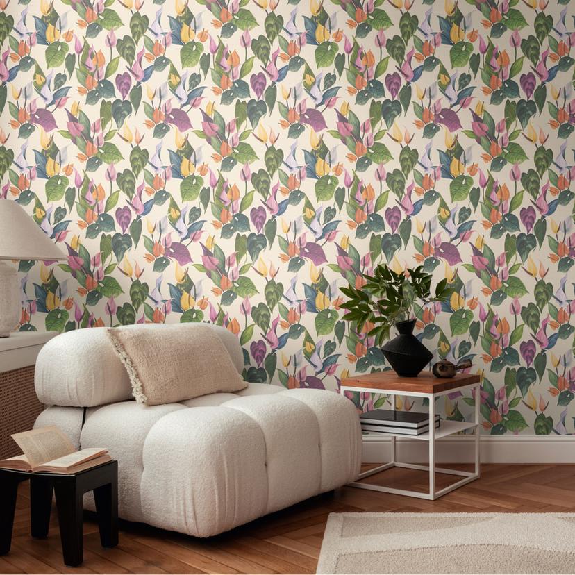 Papel pintado Floral anturios colorido sobre crema - Papel pintado floral tropical - Papel pintado no tejido