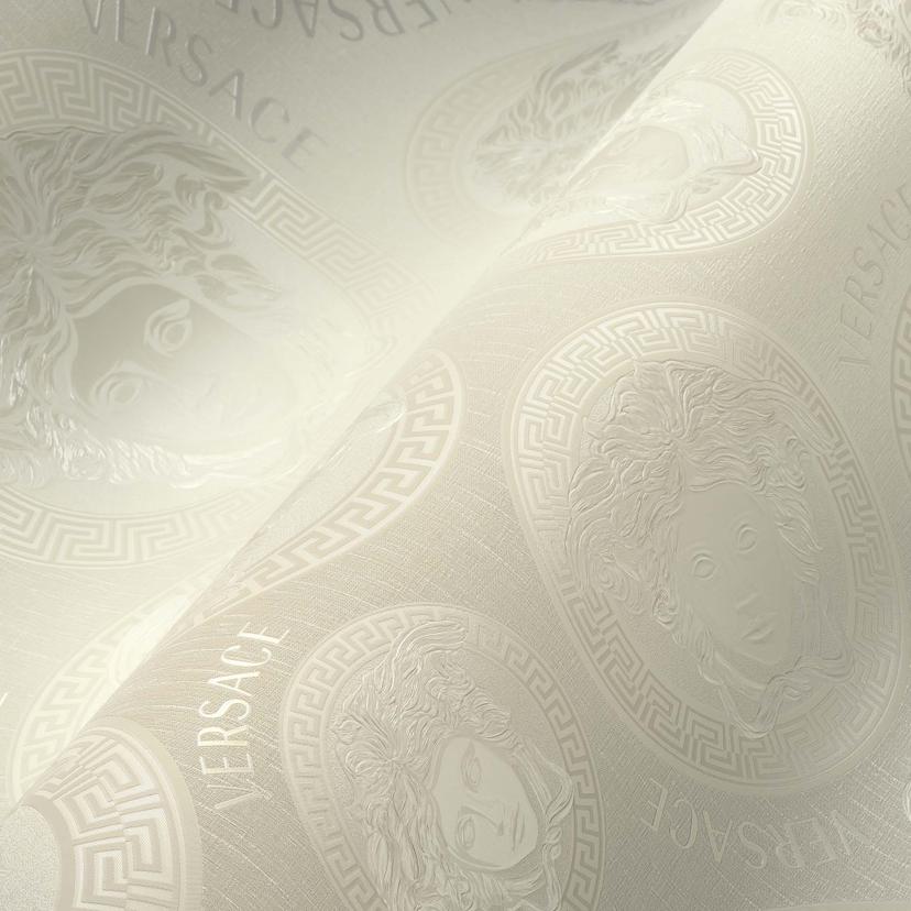 Versace carta da parati di lusso in tessuto non tessuto bianco e crema con disegno di teste di medus