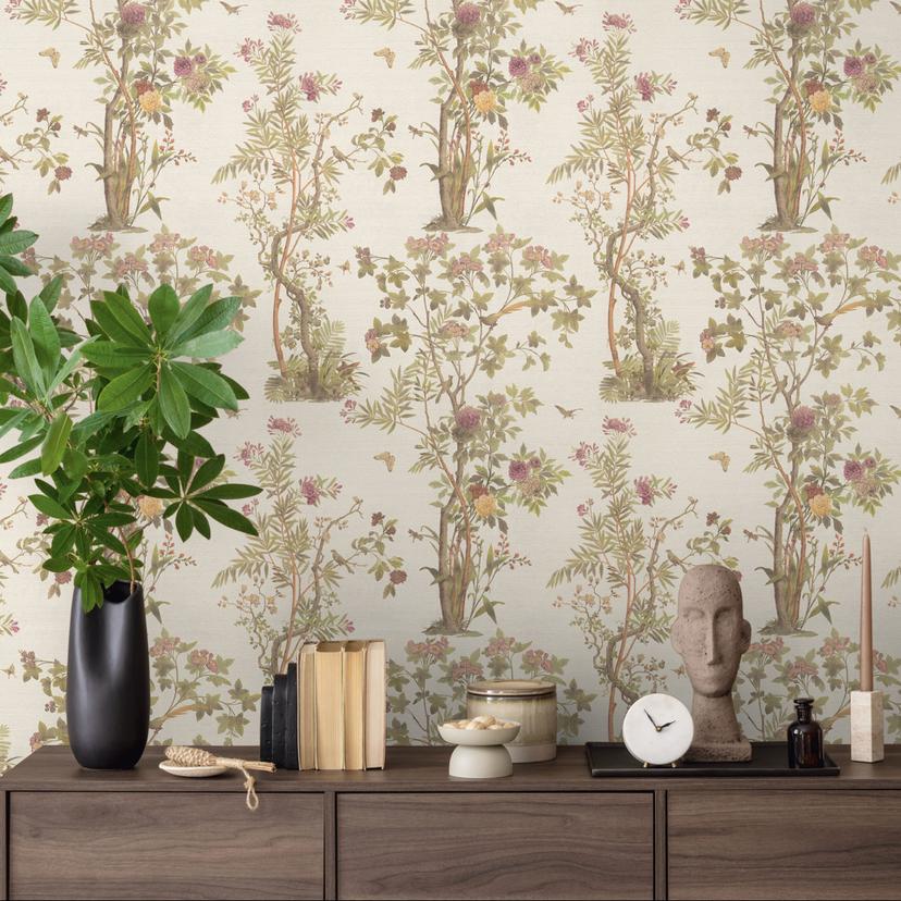 Papier peint à motifs floraux avec papillons Beige Vert Rose - Papier peint intissé à motifs naturels