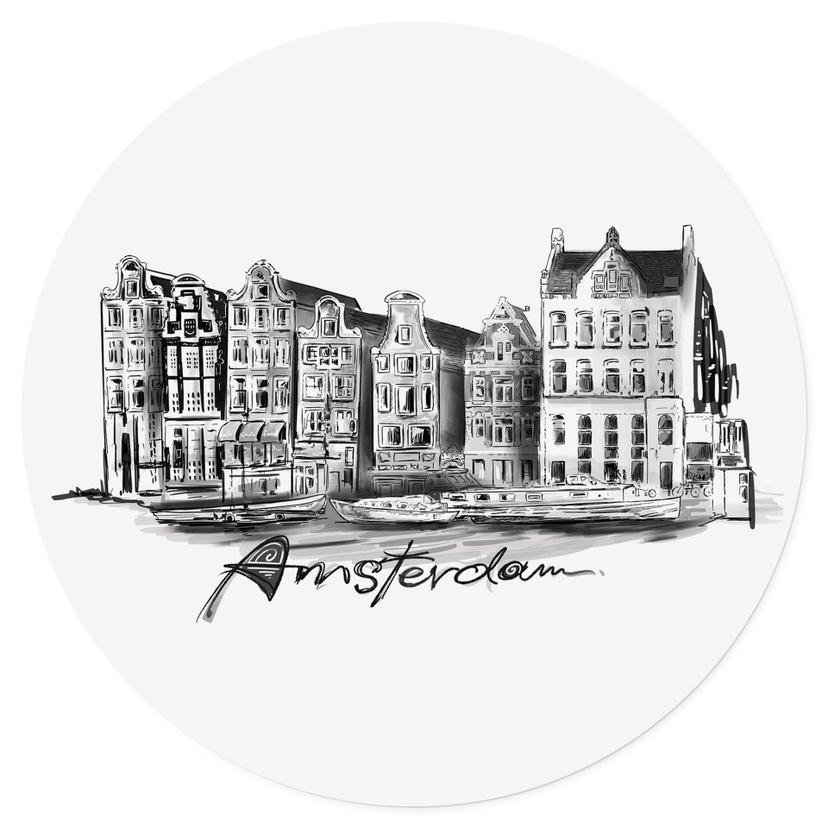 Adesivo murale Amsterdam - Bianco e nero - Rotondo - Amate la vostra città