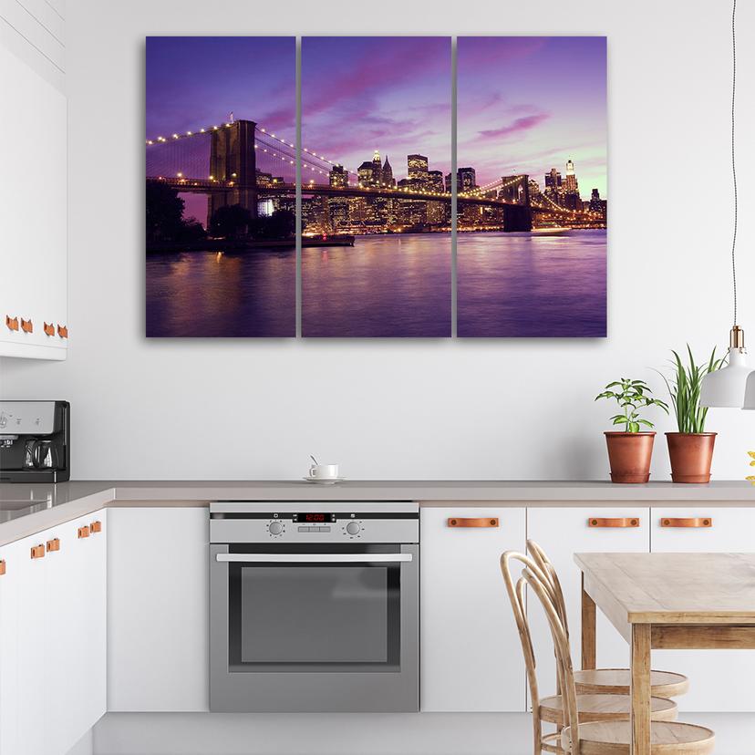 Stampa su tela 3 pezzi, New York Brooklyn Bridge viola