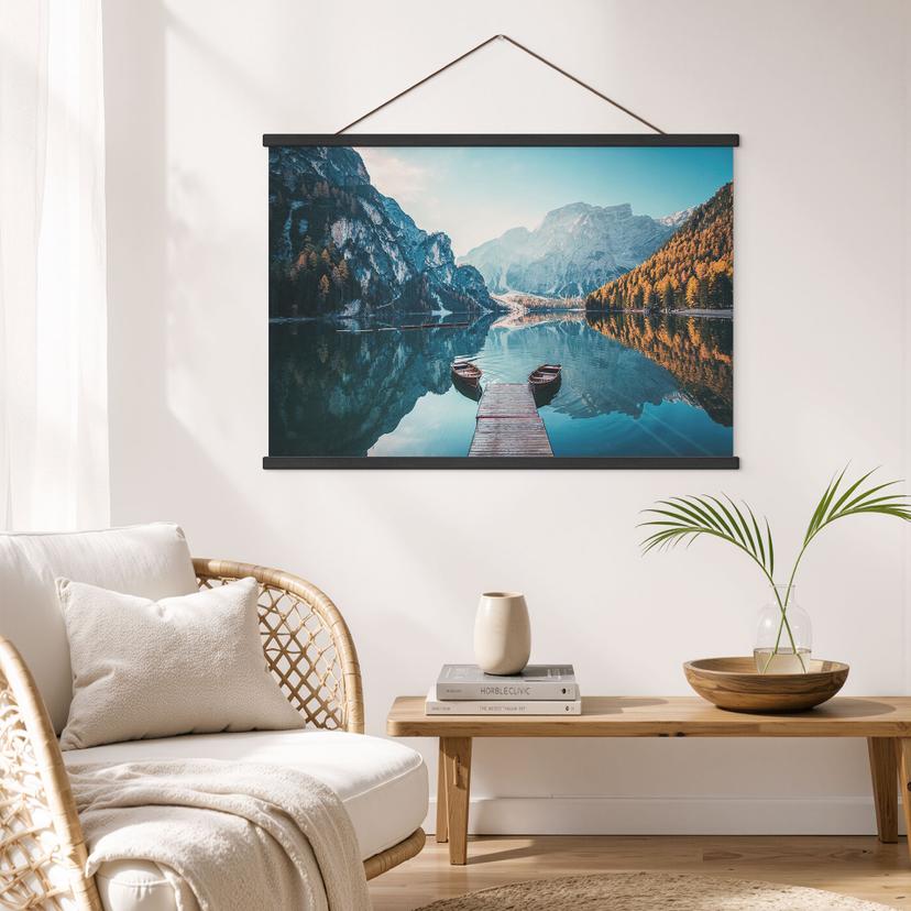 Stampa su tessuto acrilico in vetro, passerella in legno al Lago di Braies nelle Dolomiti