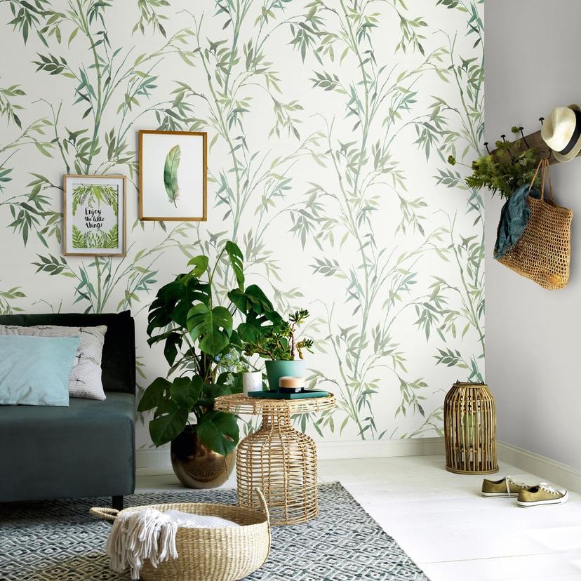 Papier peint molletonné, papier peint à motifs de bambou, papier peint molletonné Erismann Martinique vert