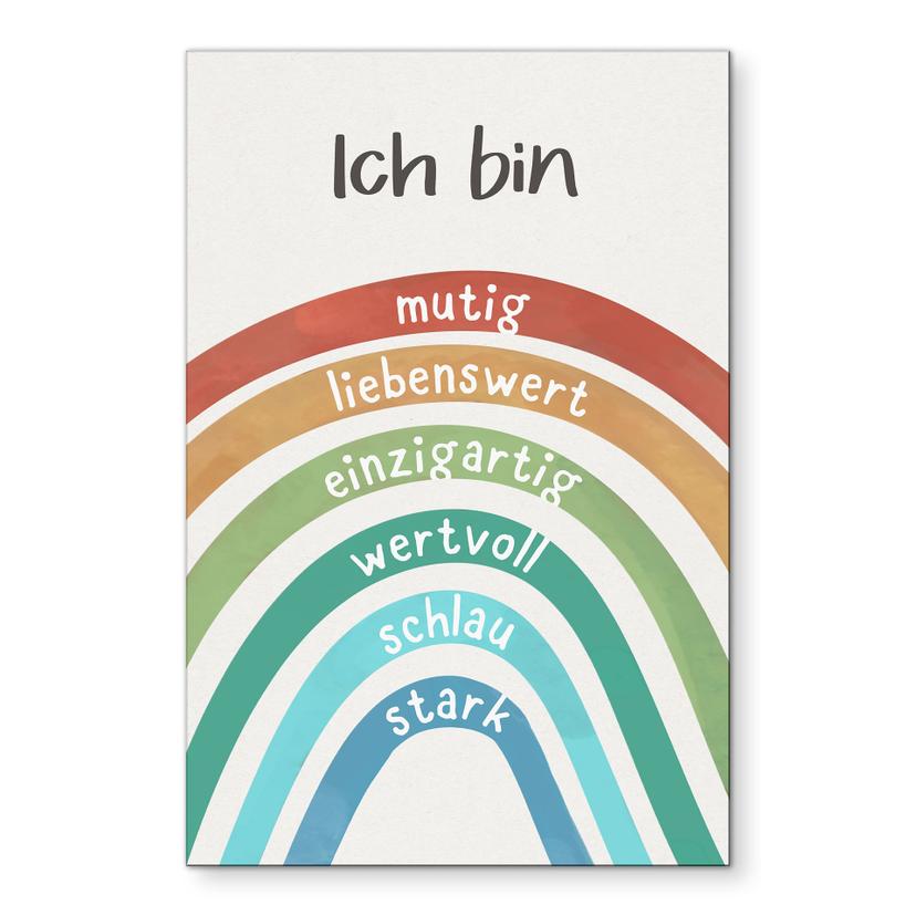 Alu-Dibond Wandbild mit Regenbogen - Bestärkungen wie 'mutig, liebenswert, wertvoll' für Kinder