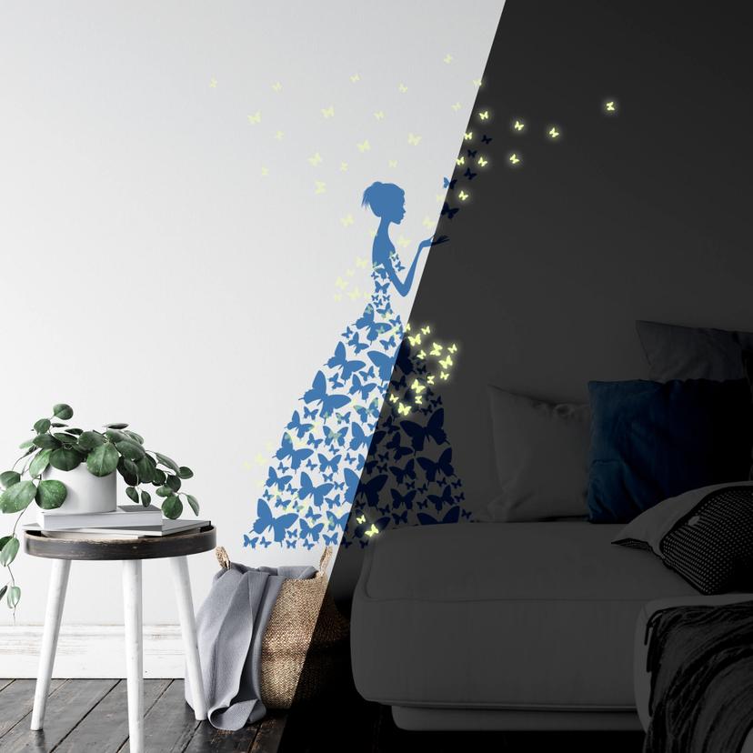 Sticker mural - Lady with Butterflies + sticker fluorescent