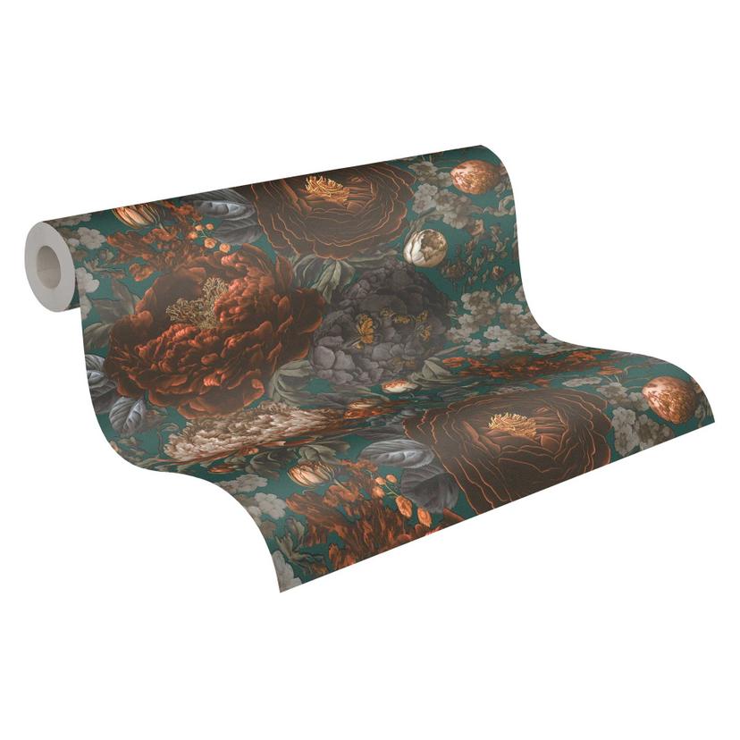Papel pintado floral con peonias marron petróleo - Papel pintado no tejido estilo vintage