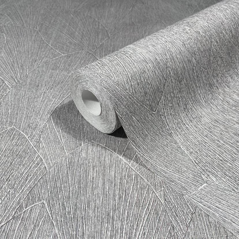 Papel pintado no tejido con motivo de hojas texturadas floral gris