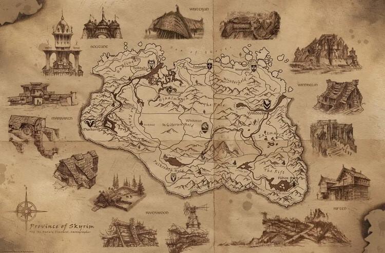Poster, Film Poster The Elder Scrolls V: Skyrim - Illustrated Map 91,5x61 cm