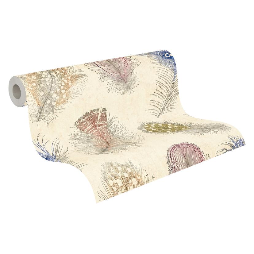 Papel pintado no tejido con plumas de colores sobre fondo beige