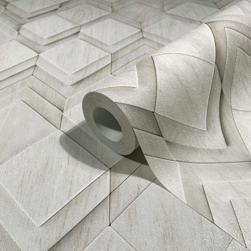 Non-woven tapet i vitt, grå rombillusion 3D-look modern