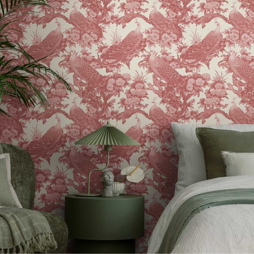 Fugletapet creme bordeaux - Ikke-vævet tapet med påfugle og blomster i et vintage-look