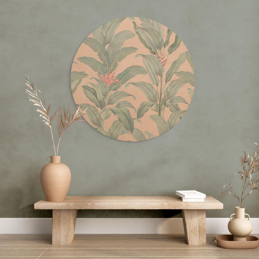 Stampa su legno Urban Jungle Tropical Leaves Pink - Decorazione floreale - Rotonda