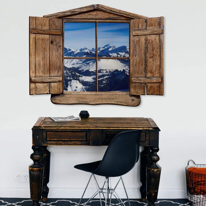 sticker mural 3D fenêtre en bois - panorama des Alpes