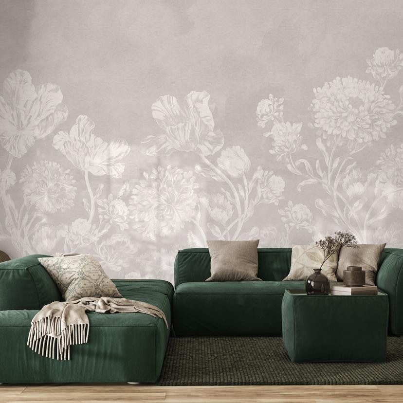 Fototapet med vilde blomster i kridtlook beige - Bloomery Decor