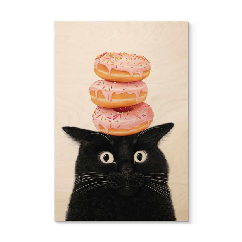 Holzbild Schwarze Katze mit pinken Donuts - Korenkova