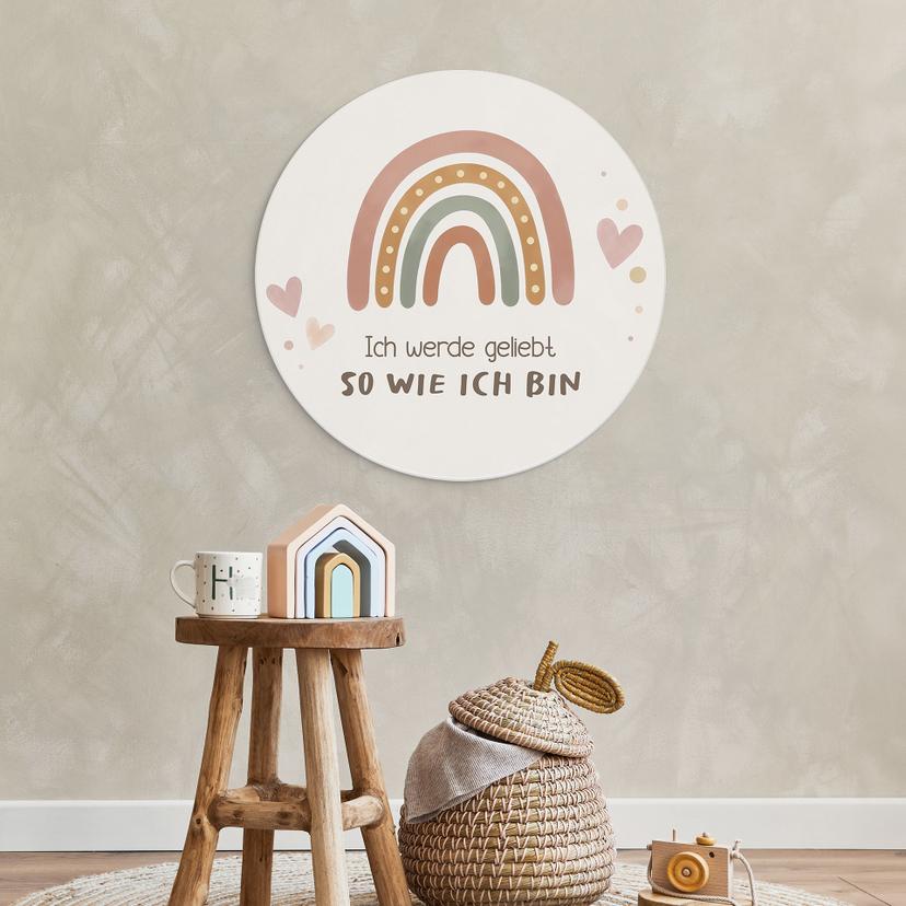 Rundes Alu-Dibond mit Boho-Regenbogen - Selbstliebe-Spruch 'Ich werde geliebt'