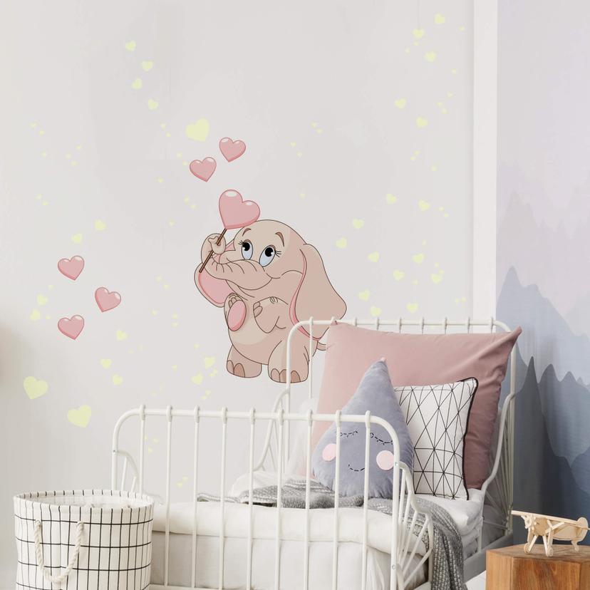 Adesivo murale - Cucciolo di elefante con cuori (rosa) + adesivi murali luminosi