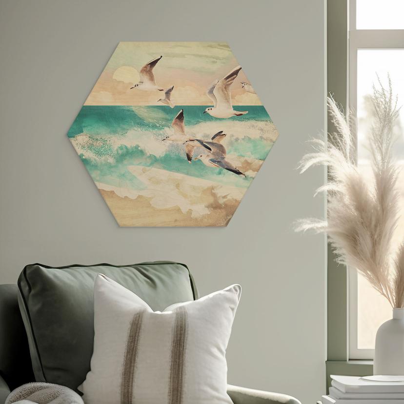 Hexagon Holzbild Möwen am Strand - SpaceFrog Designs