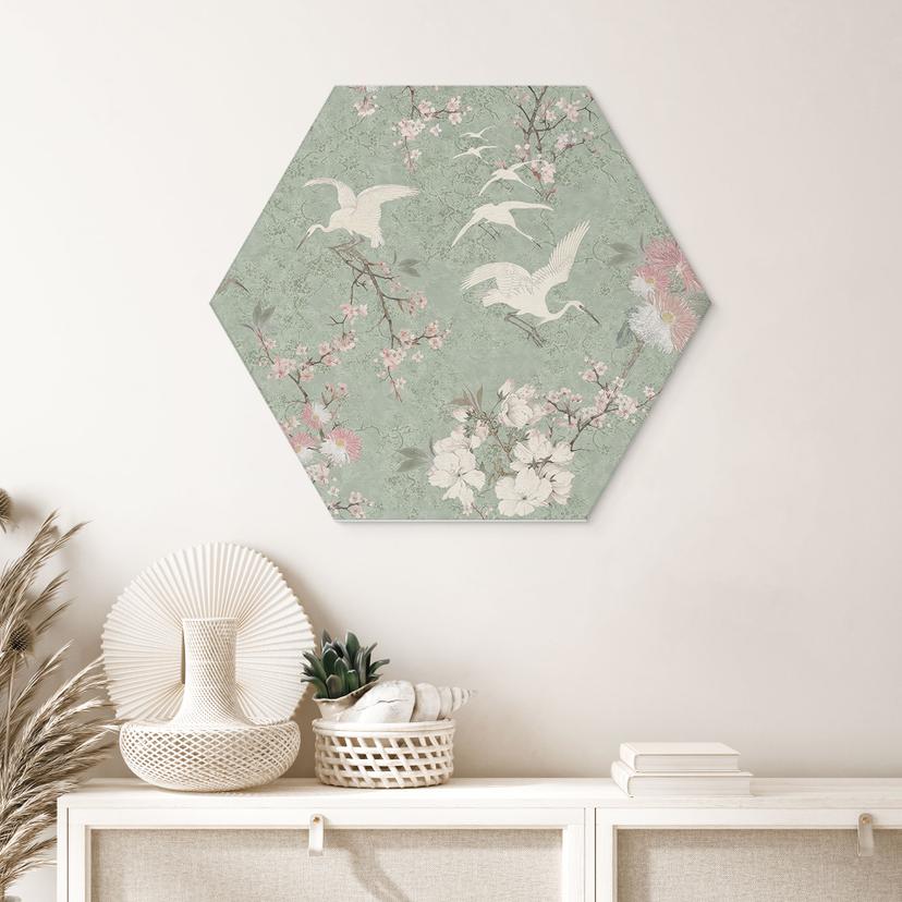 Stampe esagonali per pareti con fiori di ciliegio in verde - Decorazioni floreali - Dibond alluminio
