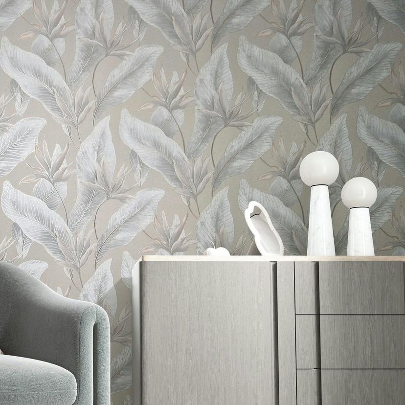 Ikke-vævet tapet blomster, blade blomstret natur i beige